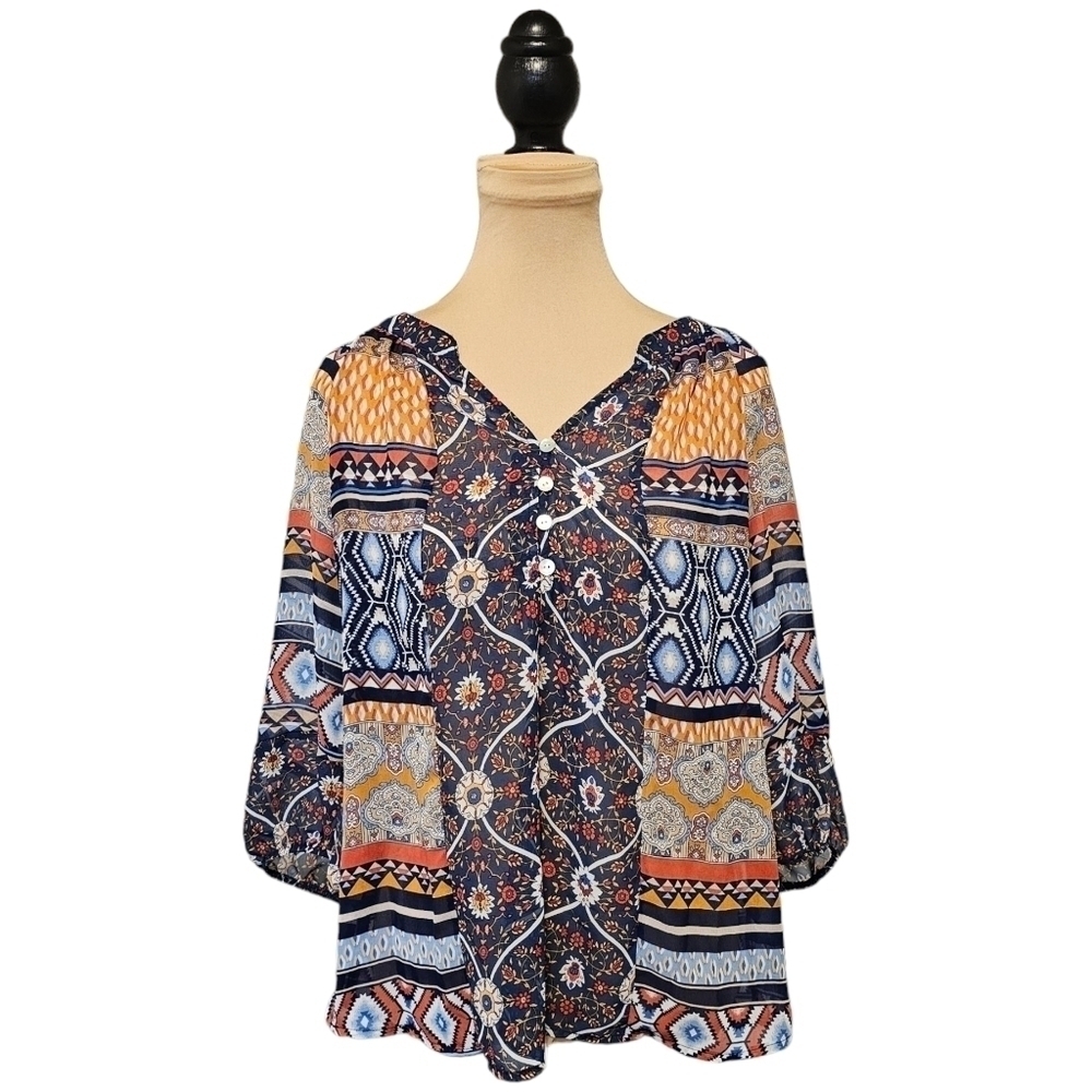 Fig and Flower Boho Blue Orange Blouse Sz S